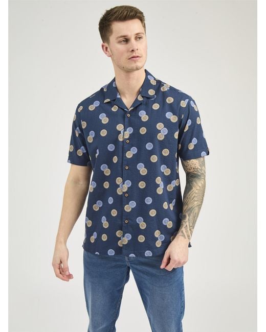 Ben Sherman Blue Short Sleeve Seersucker Floral Shirt In Dark Navy for men