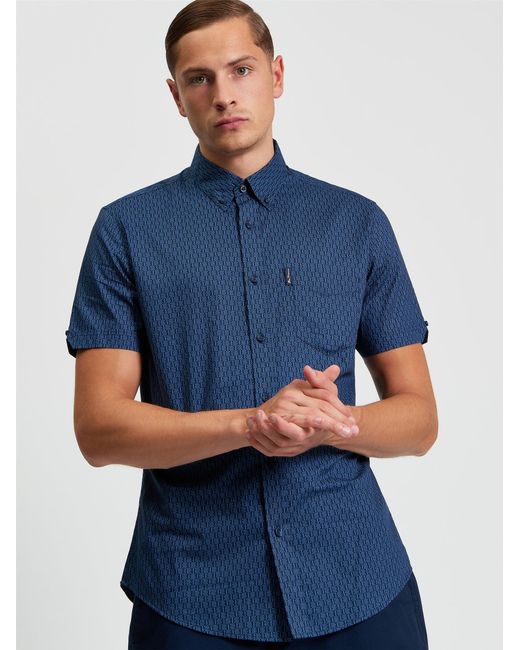 Ben Sherman Blue Mono Geo Print Shirt In Cobalt for men