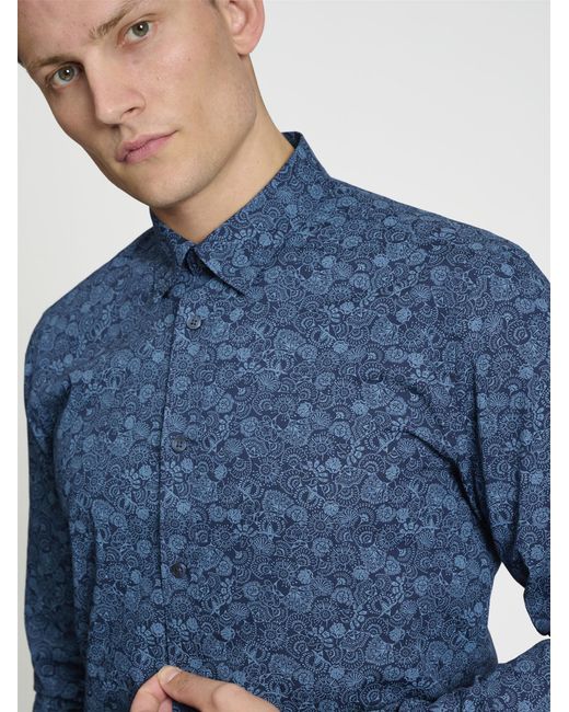 Ben Sherman Blue Long Sleeve British Mono Floral Print In Dark Navy for men