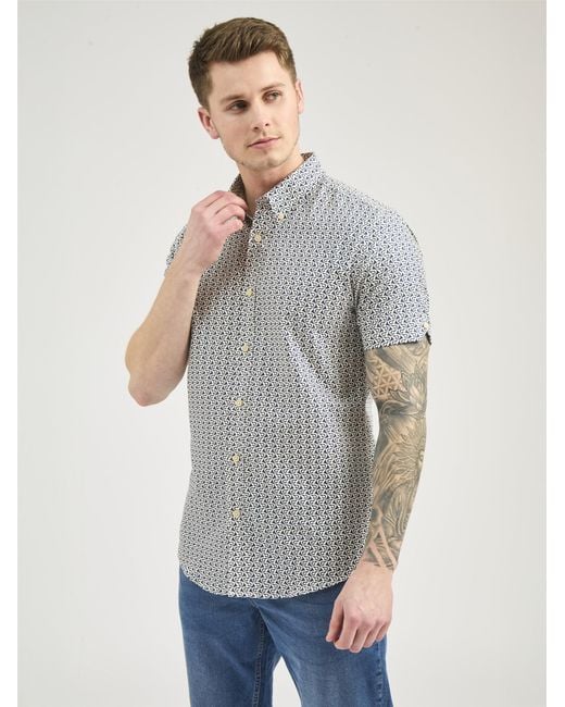 Ben Sherman Gray Short Sleeve Geo Wave Print Shirt In Blue Denim for men