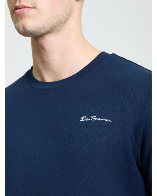 Ben Sherman Blue Jacquard Cuff Pique Tee In Dark Navy for men