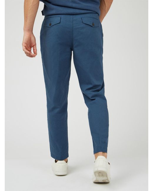 Ben Sherman Blue Slim Cotton Linen Taper Trousers for men