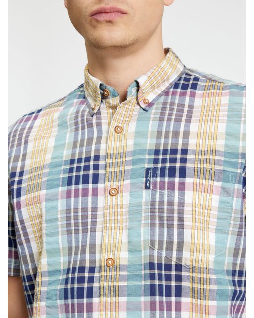 Ben Sherman Blue Short Sleeve Seersucker Check Shirt In Aqua for men