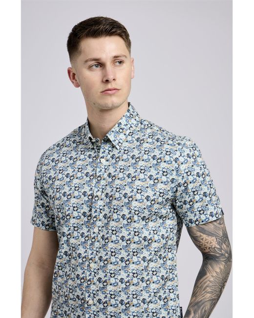 Ben Sherman Blue Long Sleeve Multicolour Floral Print Shirt In Petrol for men