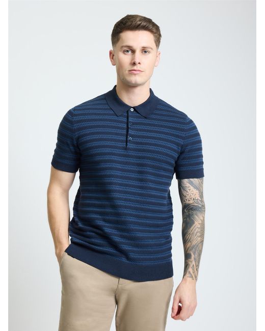 Ben Sherman Blue Short Sleeve Jacquard Stripe Polo In Navy for men