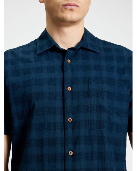 Ben Sherman Blue Short Sleeve Dobby Grid Check Shirt In Dark Navy for men