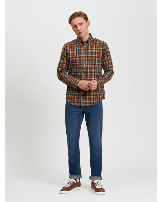 Ben Sherman Blue Check Brushed Flannel Shirt In Brown for men
