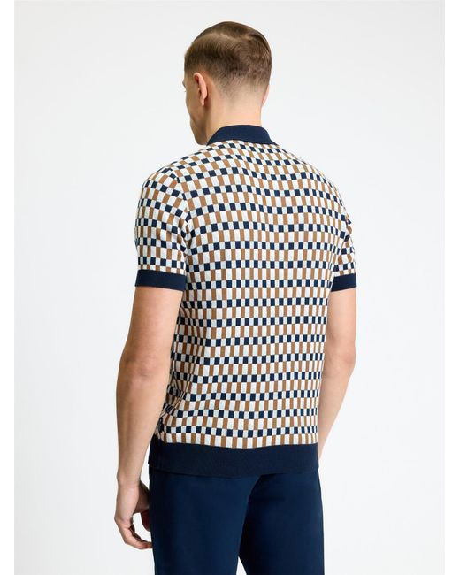 Ben Sherman Blue Short Sleeve All Over Jacquard Knitted Polo In Dark Navy for men