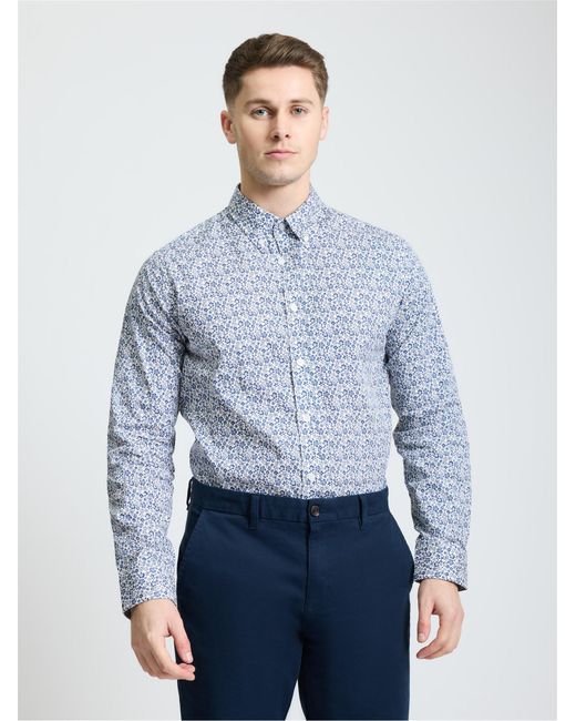 Ben Sherman Blue Long Sleeve Mono Floral Shirt In Ivory for men