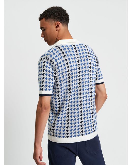 Ben Sherman Blue Houndstooth Button Through Polo In Ivory for men