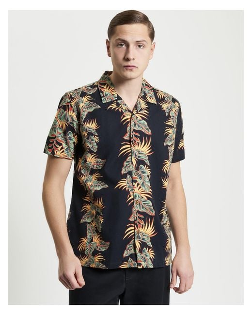 Ben Sherman Multicolor Short Sleeve Botanical Leaf Print Shirt In Black for men