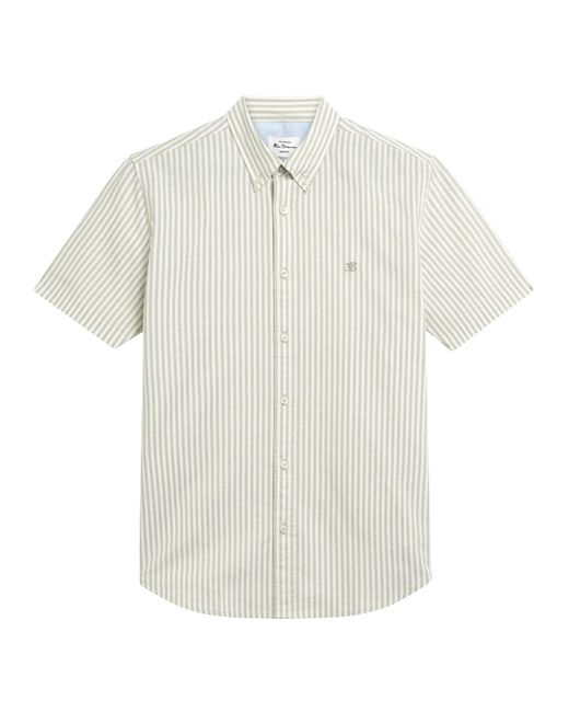 Ben Sherman White Short Sleeve Oxford Stripe Shirt In Sage for men