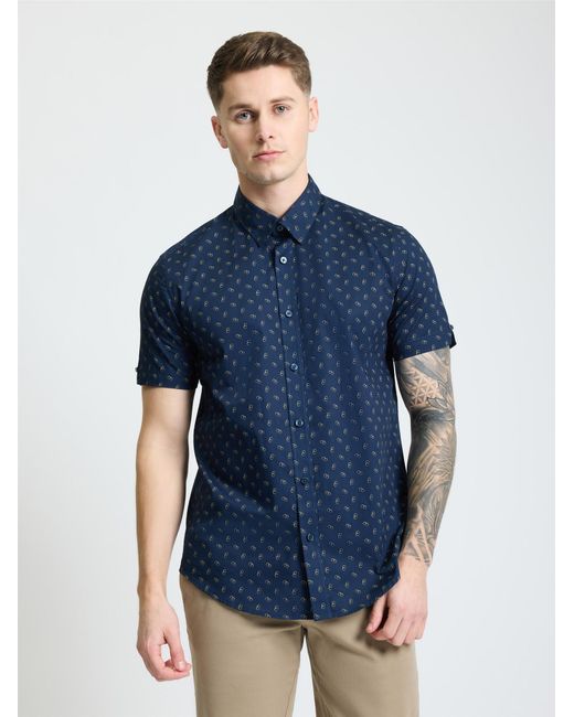 Ben Sherman Blue Short Sleeve Stipple Geo Print Shirt In Dark Navy for men