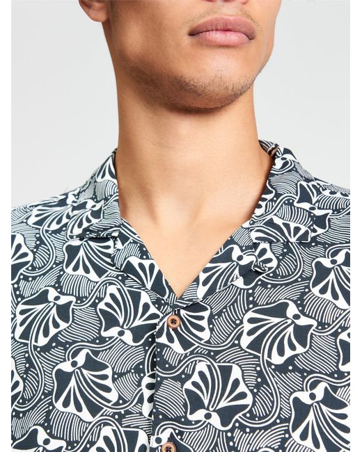 Ben Sherman Blue Short Sleeve Linear Floral Print Shirt In Black for men