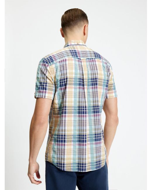 Ben Sherman Blue Short Sleeve Seersucker Check Shirt In Aqua for men