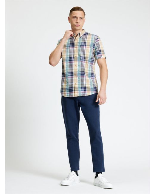 Ben Sherman Blue Short Sleeve Seersucker Check Shirt In Aqua for men
