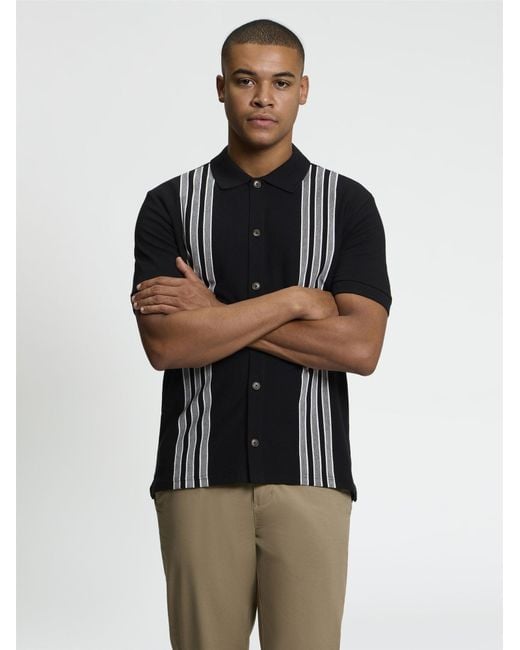 Ben Sherman Short Sleeve Birdseye Stripe Button Through Polo In Black for men