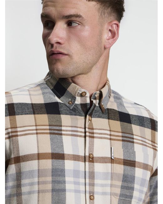 Ben Sherman Gray Long Sleeve Brushed Check Shirt In Ecru for men