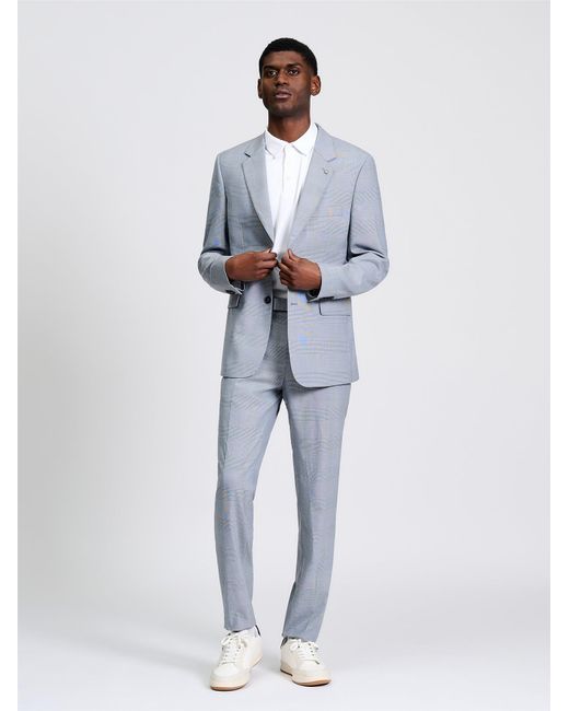 Ben Sherman White Prince Of Wales Wool Check Jacket In Light Blue for men