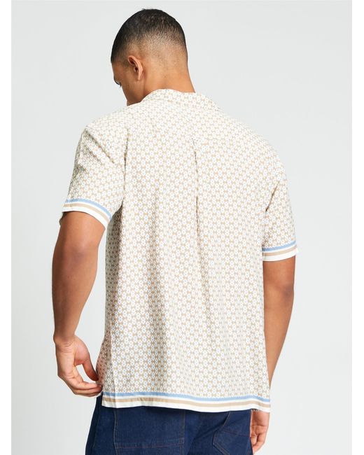 Ben Sherman Blue Short Sleeve Geo Border Print Shirt In Sand for men