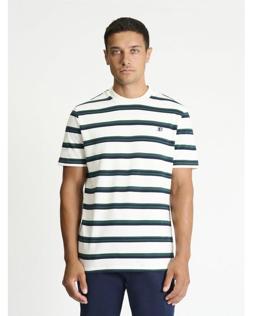 Ben Sherman Blue Textured Stripe Tee In Snow White for men