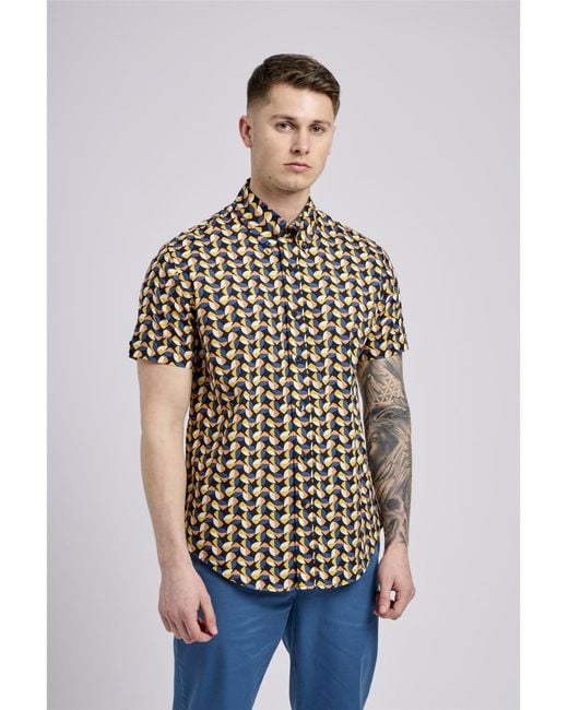 Ben Sherman Multicolor Short Sleeve Bauhaus Geo Print Shirt In Midnight for men
