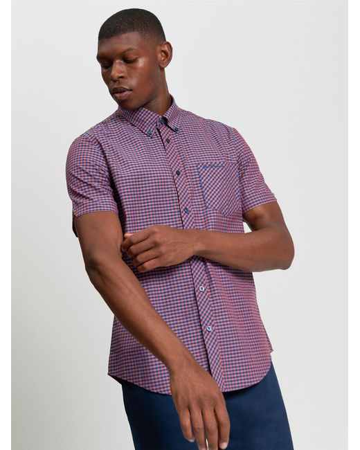 Ben Sherman Blue Short Sleeve Gingham Shirt In Burnt Orange for men