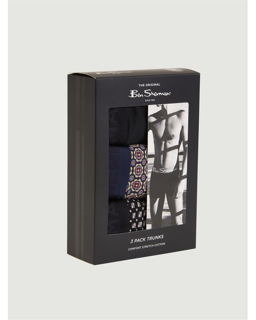 Ben Sherman Black 3 Pack Jacquard Logo Geo Print Trunks In Assorted for men