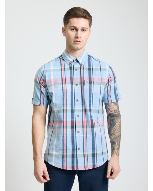 Ben Sherman Short Sleeve Seersucker Check Shirt In Dusky Blue for men