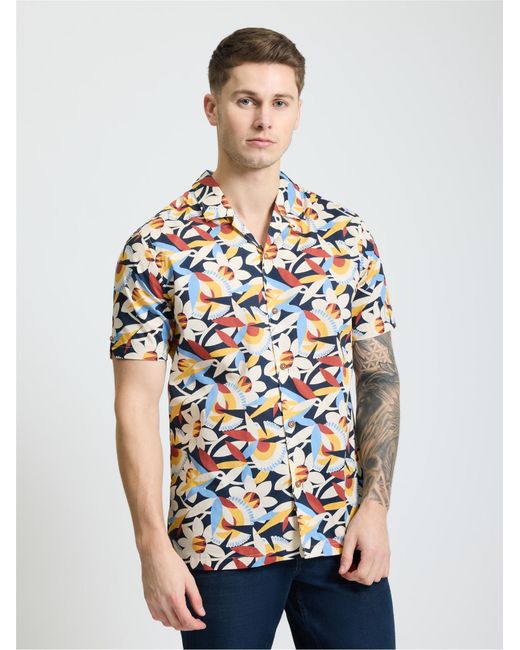 Ben Sherman Blue Short Sleeve Abstract Floral Print Shirt In Dark Navy for men