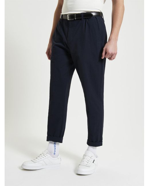 Ben Sherman Blue Seersucker Trousers In Midnight for men