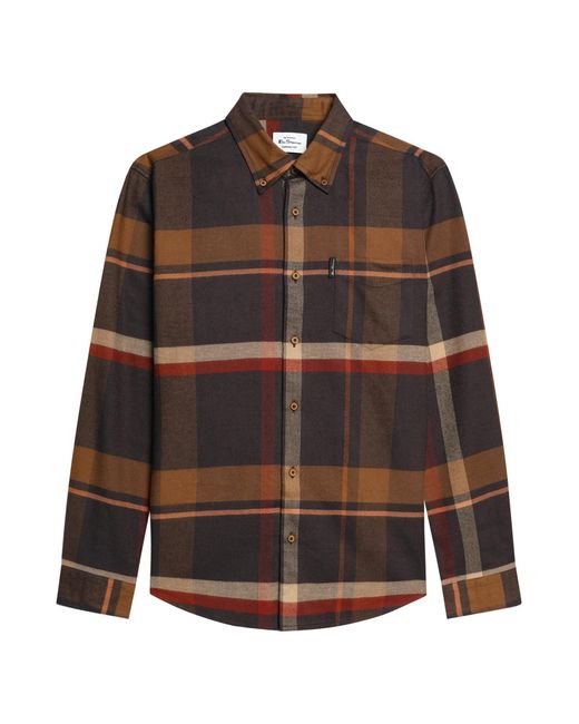 Ben Sherman Black Long Sleeve Oversized Brushed Check Shirt In Dark Brown for men