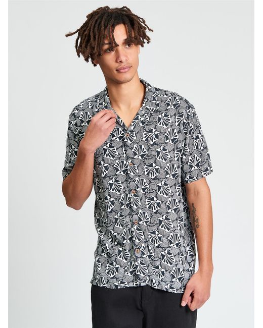 Ben Sherman Blue Short Sleeve Linear Floral Print Shirt In Black for men