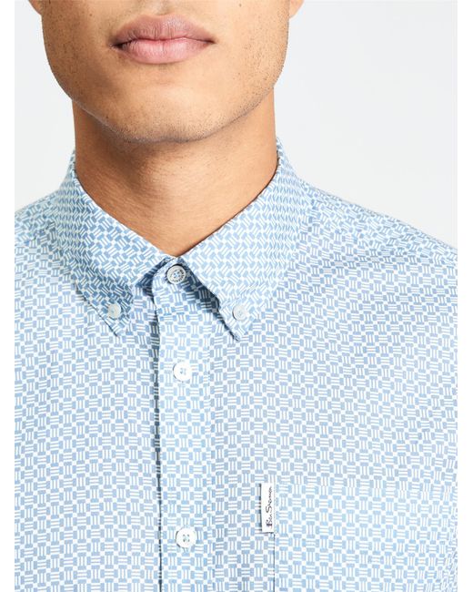 Ben Sherman Blue Short Sleeve Block Geo Print Shirt In Denim for men