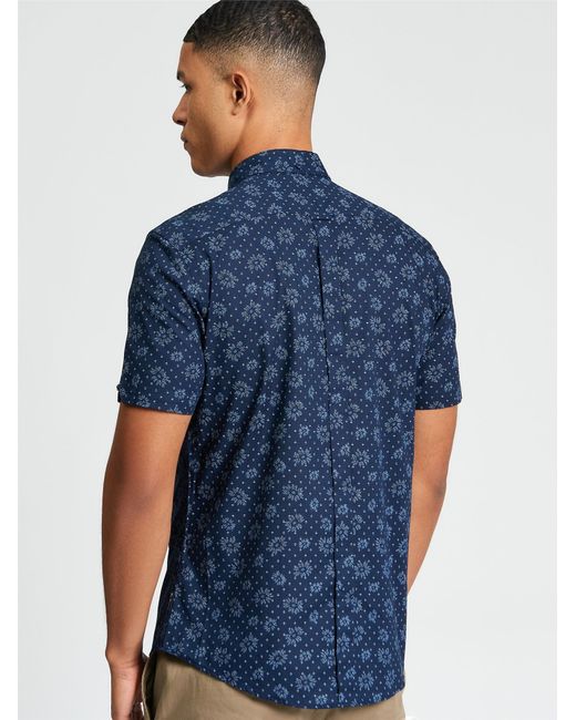 Ben Sherman Blue Short Sleeve Floral Geo Print Shirt In Dark Navy for men