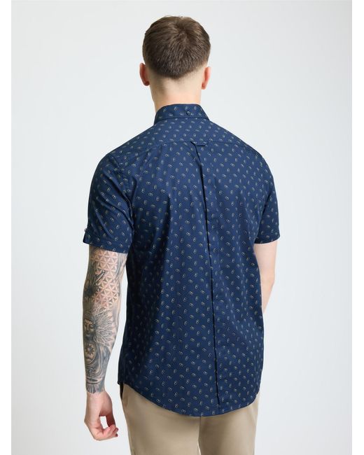 Ben Sherman Blue Short Sleeve Stipple Geo Print Shirt In Dark Navy for men
