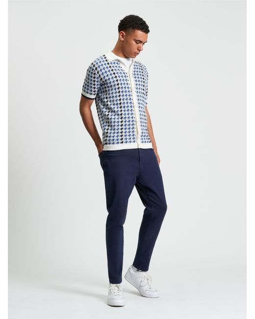 Ben Sherman Blue Houndstooth Button Through Polo In Ivory for men