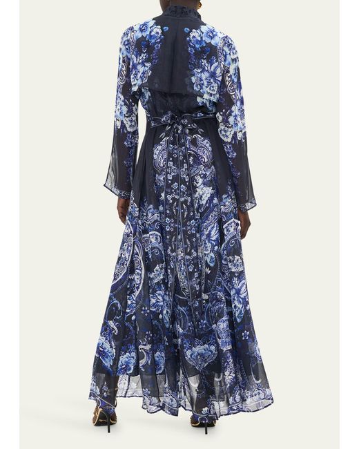 Camilla Blue Delft Dynasty Chiffon Maxi Dress With Cutwork Lace Collar