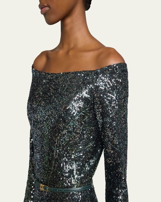 Elie Saab Green Off-The-Shoulder Ombre Sequin Trumpet Gown