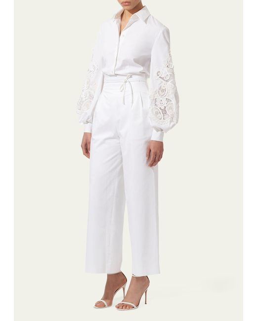 Carolina Herrera Natural Embroidered Puff-sleeve Button-front Blouse