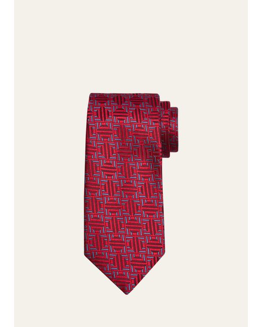 Charvet Red Silk Geometric Jacquard Tie for men