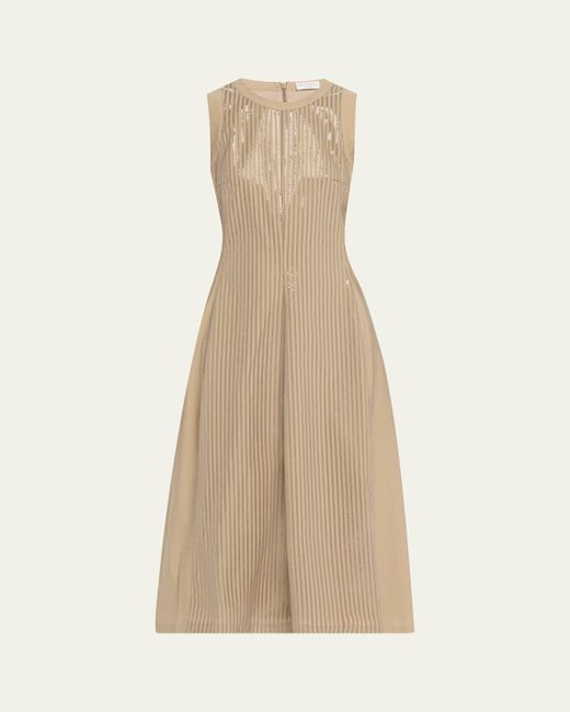Brunello Cucinelli Natural Front Sequined Techno Poplin Corset Midi Dress