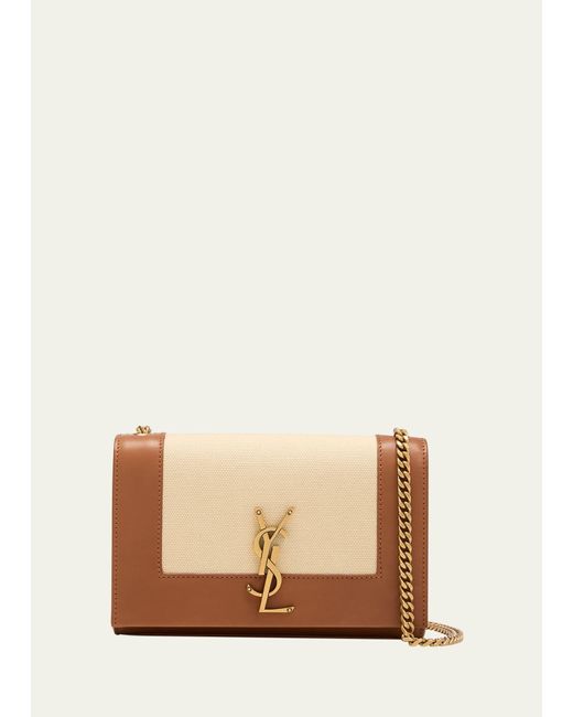 Saint Laurent Natural Kate Small Ysl Wallet On Chain In Linen And Leather