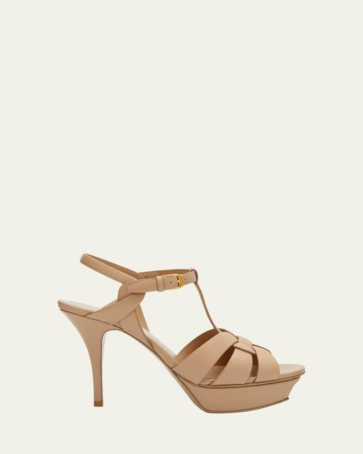 Saint Laurent Natural Tribute Leather T-Strap Platform Sandals