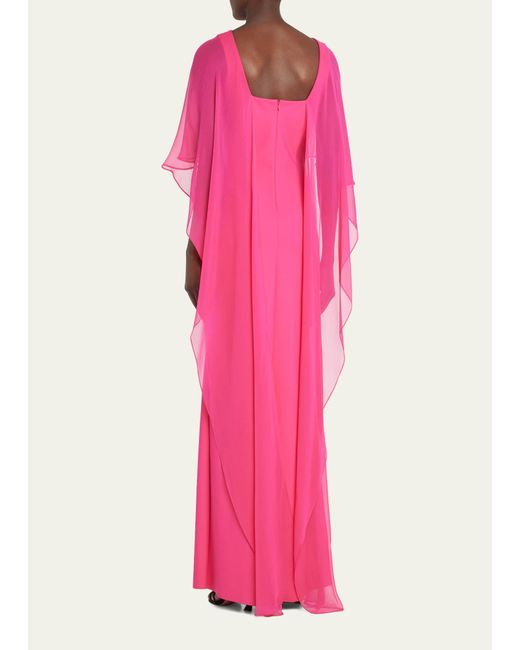 Teri Jon Pink Cape-sleeve Crepe Column Gown