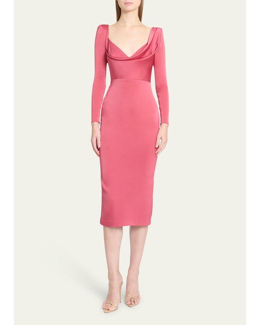 Alex Perry Pink Cowl-neck Strong-shoulder Long-sleeve Satin Crepe Midi Dress