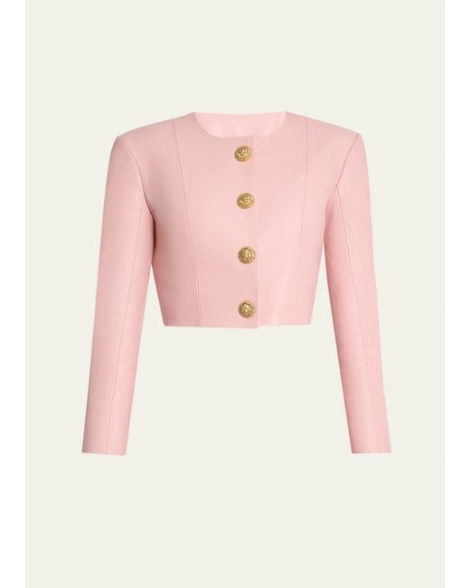 Balmain Pink Buttoned Strong-Shoulder Leather Crop Jacket