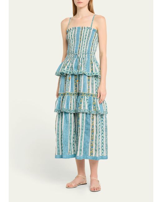 Hannah Artwear Blue Ariella Square-neck Smocked Tiered Poplin Midi Dress
