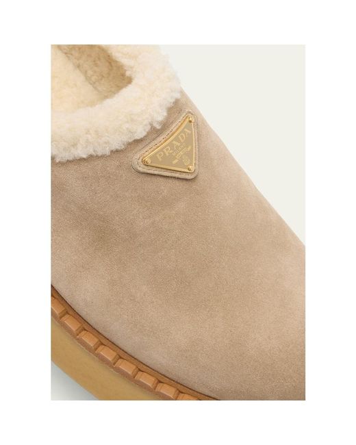 Prada Natural Suede Shearling Cozy Platform Mules