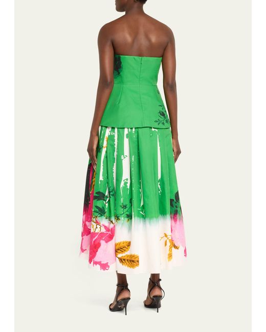 Erdem Green Floral-print Strapless Corset Full-skirt Midi Cocktail Dress